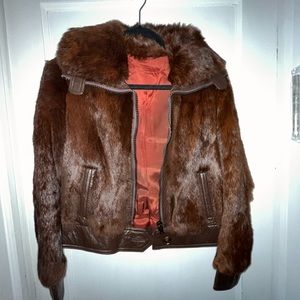 VINTAGE 80s Brown Leather Faux Fur Coat